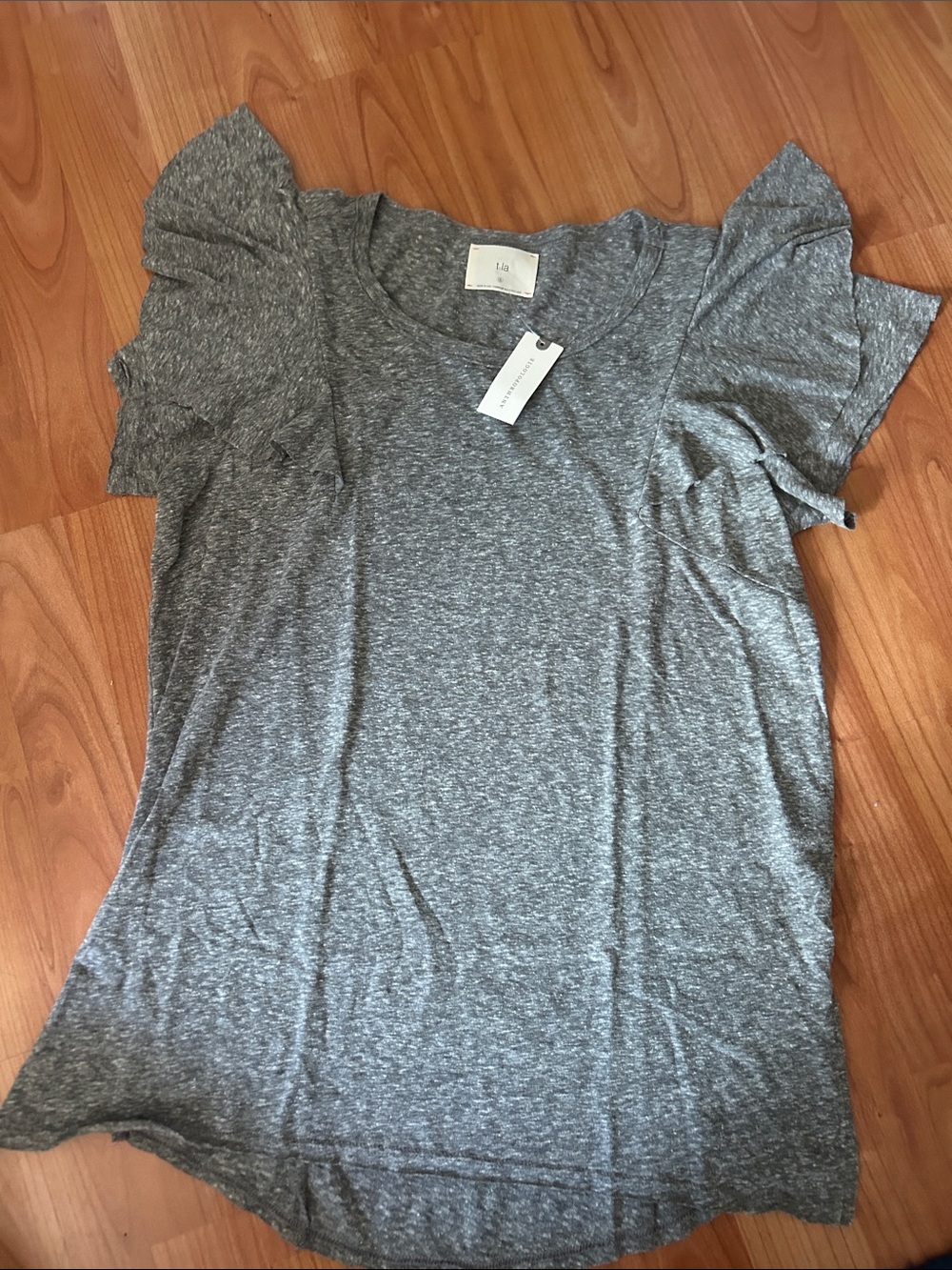 T.la anthropology Heather Gray Ruffle Sleeve Scoop Tee